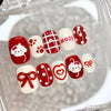 A set of 30 cute cartoon press-on nails in red and white designs are displayed in a clear container.