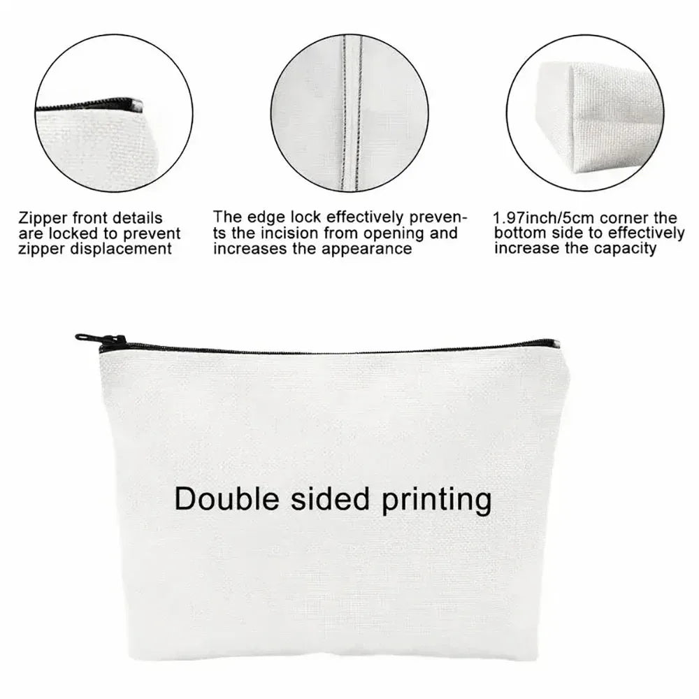 White makeup pouch with double-sided printing showing zipper details and reinforced corners