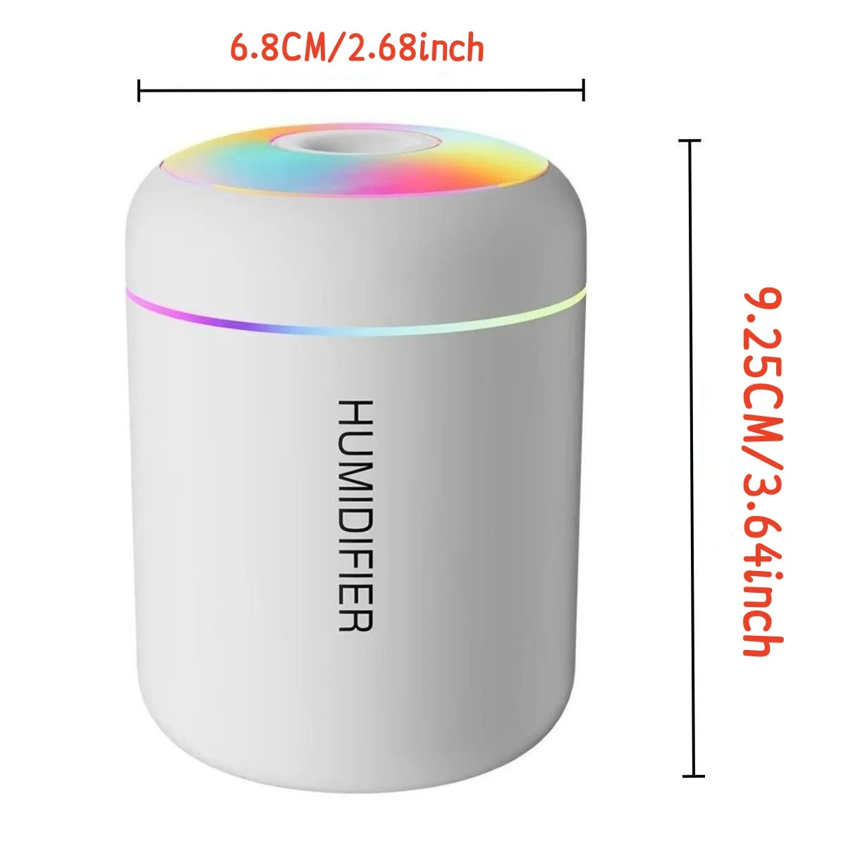 A white mini USB electric aroma diffuser with a multicolored light, shown from the side.