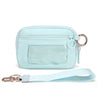 Light blue multi-functional zipper wallet with a clear window and a leather keychain strap
