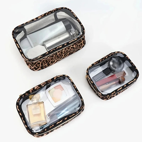 A leopard print waterproof cosmetic organizer bag containing various makeup and skincare products.