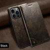 A black magnetic leather flip case with a camera cutout is shown resting on a brown leather surface.