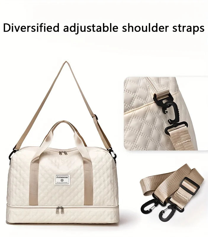 A cream-colored duffle bag with diversified adjustable shoulder straps shown in detail.