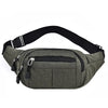 A dark olive green canvas waist fanny bag with black strap and zipper.