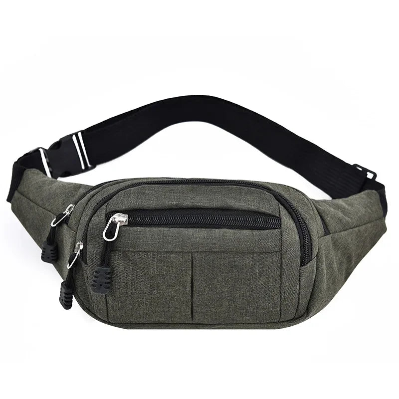 A dark olive green canvas waist fanny bag with black strap and zipper.