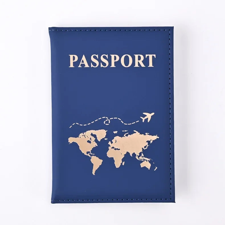 Funda de pasaporte de cuero azul marino con mapa dorado del mundo