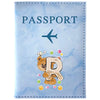 A light blue passport card holder featuring a vintage letter print of the letter R and a small airplane icon.