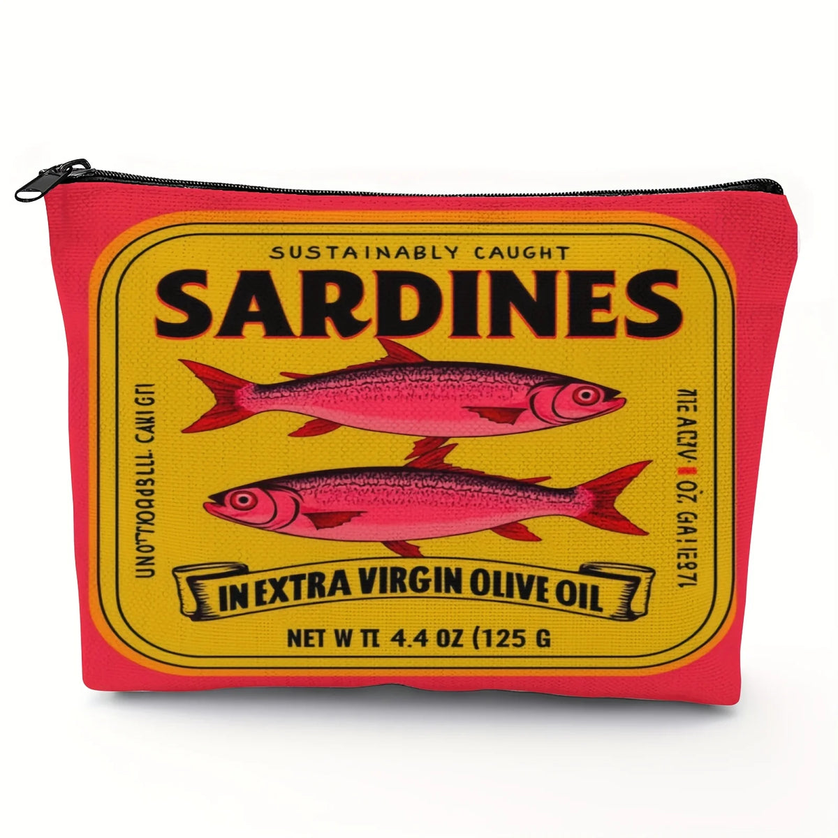 Rote Tasche mit gel블llem Etikett, das SARDINEN und Anweisungen für nachhaltig gefangene Sardinen zeigt.
