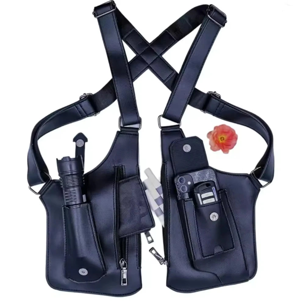 Black concealed underarm travel wallet with a phone pocket and strap