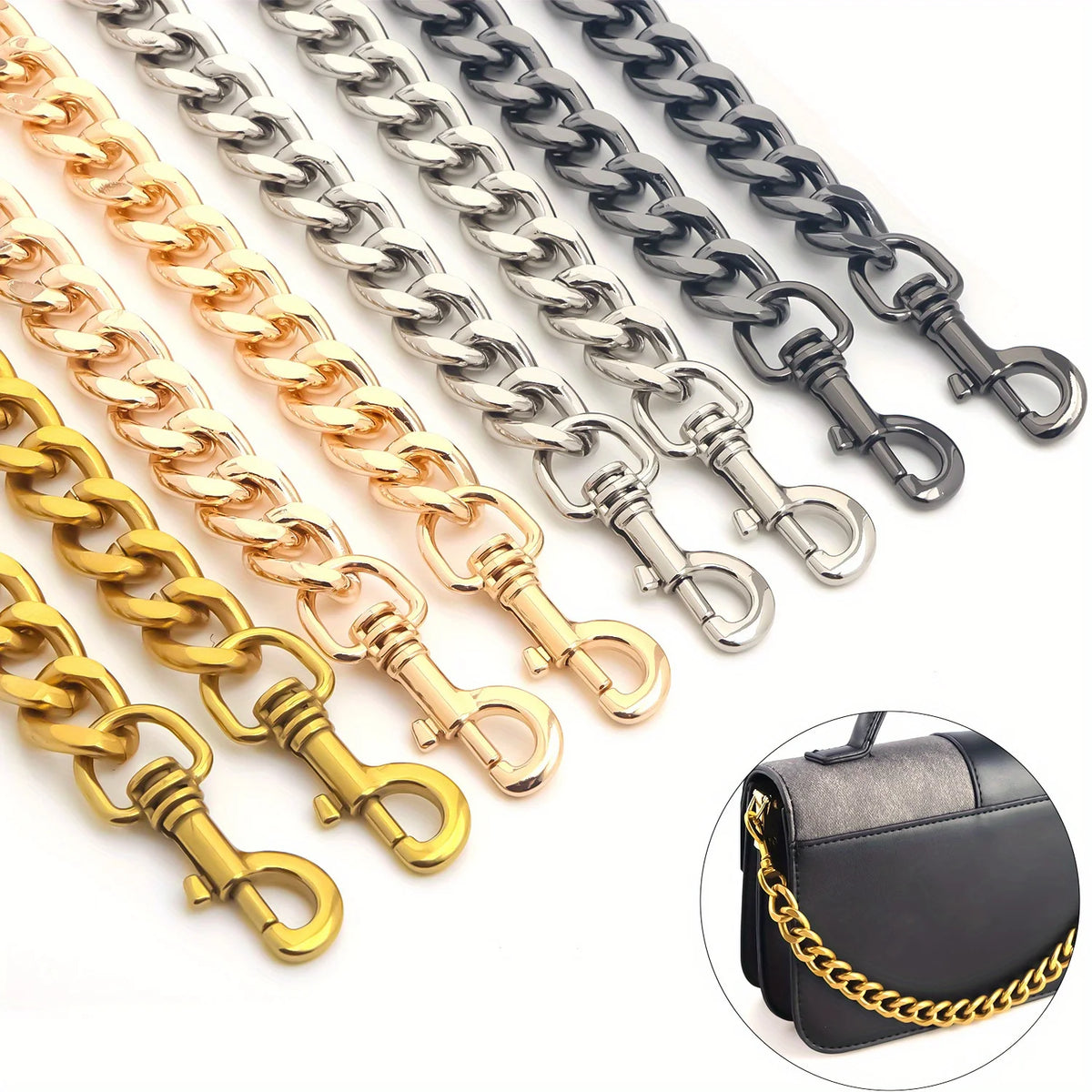 A collection of thick metal purse chain replacement straps in gold, silver, and black finishes.
