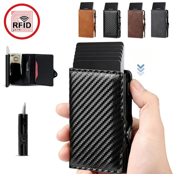 A black carbon fiber card holder is shown being held by a hand, alongside various RFID protection options.
