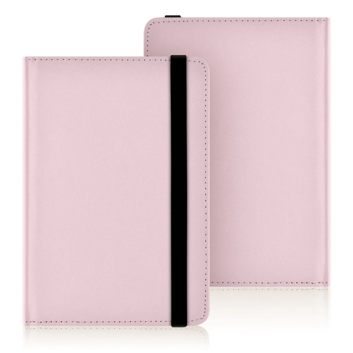 A pink universal e-book cover with a black protective strap shown in a flat lay view.