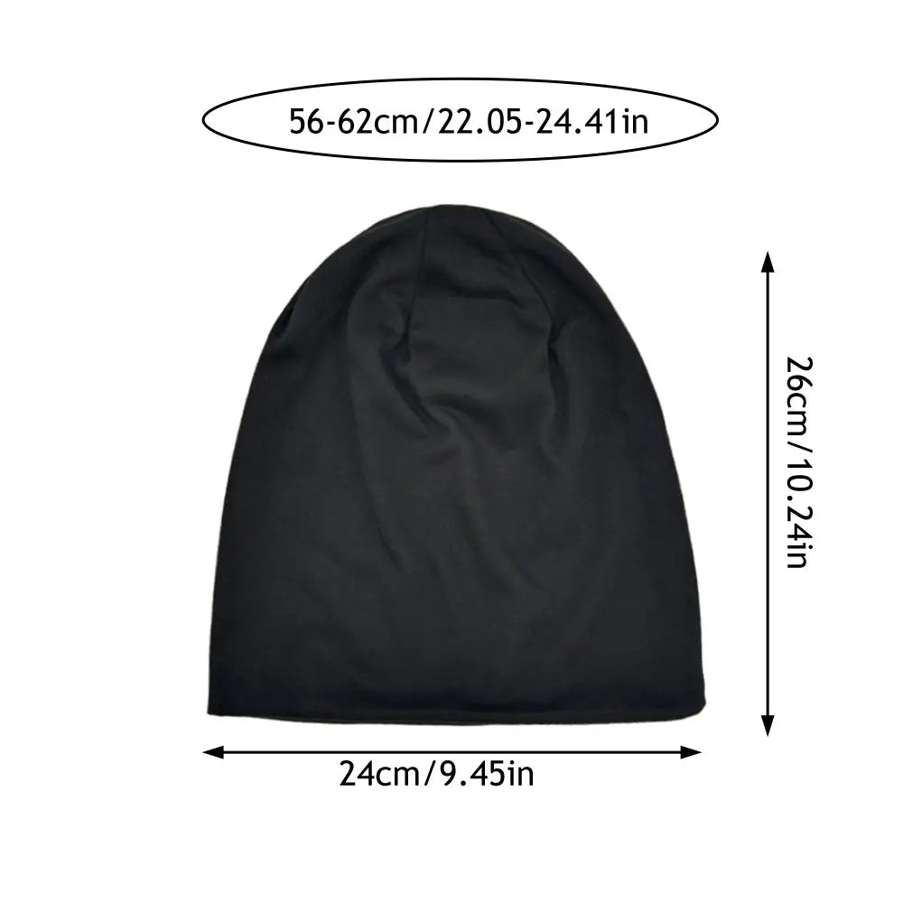 Black slouchy knit beanie hat shown flat lay with dimensions 56-62cm in height and 24cm width.