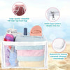 A transparent waterproof beach bag organizer with dividers showing various items like cosmetics and accessories.