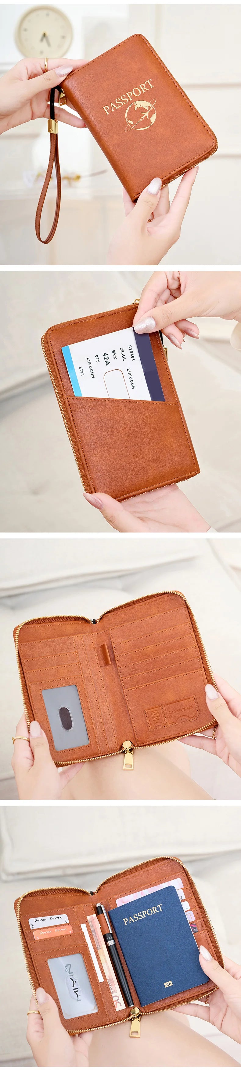 A brown leather passport wallet with a wrist strap and RFID blocking features is shown open.