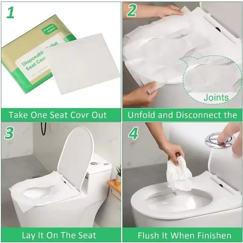 Instructions show how to use and disconnect disposable toilet seat covers for a flushable travel essential.