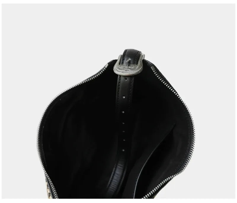 Black vintage horsehair and cowhide crossbody bag shown from the top view
