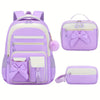 A purple cartoon school bag set for girls featuring a backpack, a zippered pouch, and a small cosmetic case.
