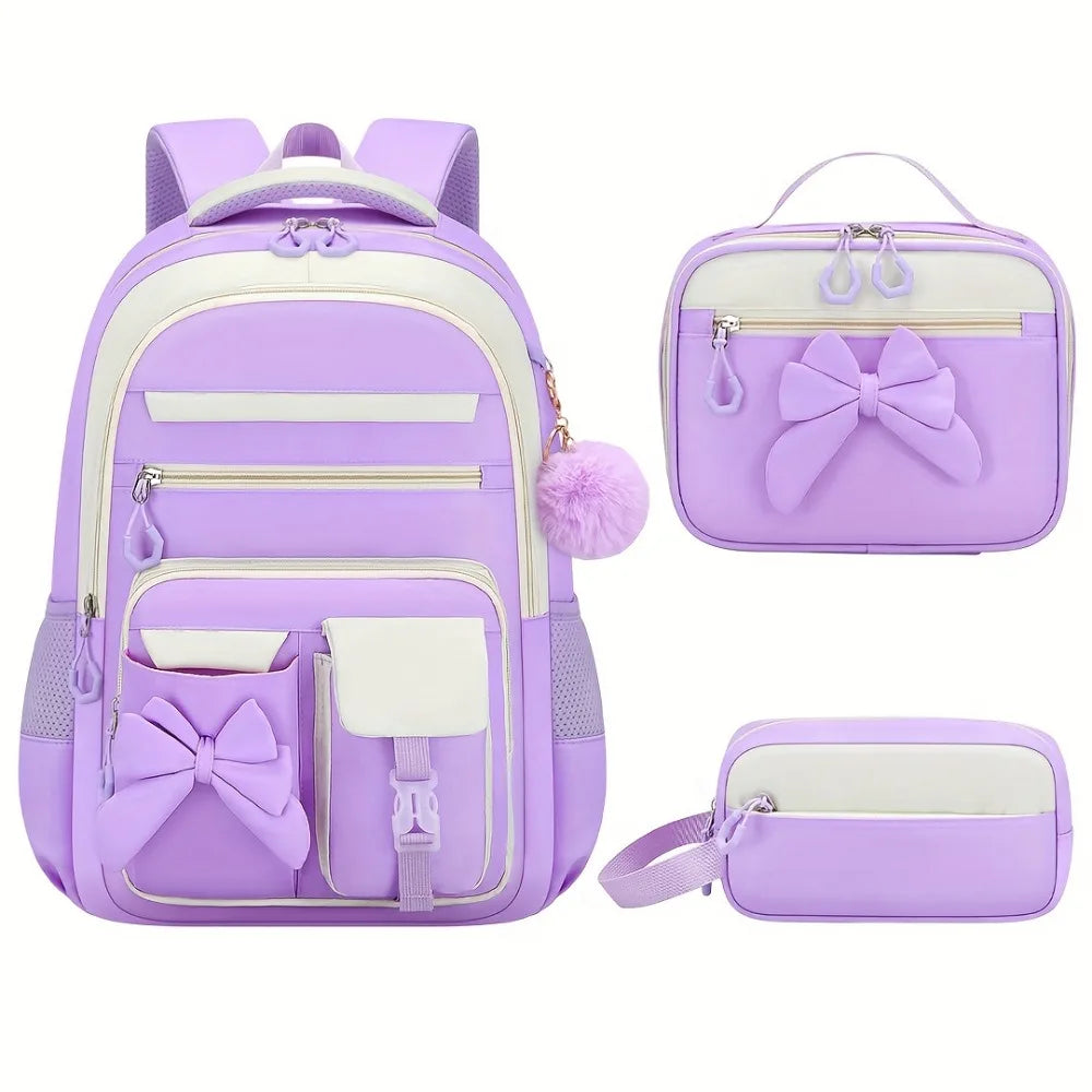 A purple cartoon school bag set for girls featuring a backpack, a zippered pouch, and a small cosmetic case.