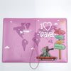 A pink passport cover featuring a world map, travel icons like airplanes and city names, and a vintage car.