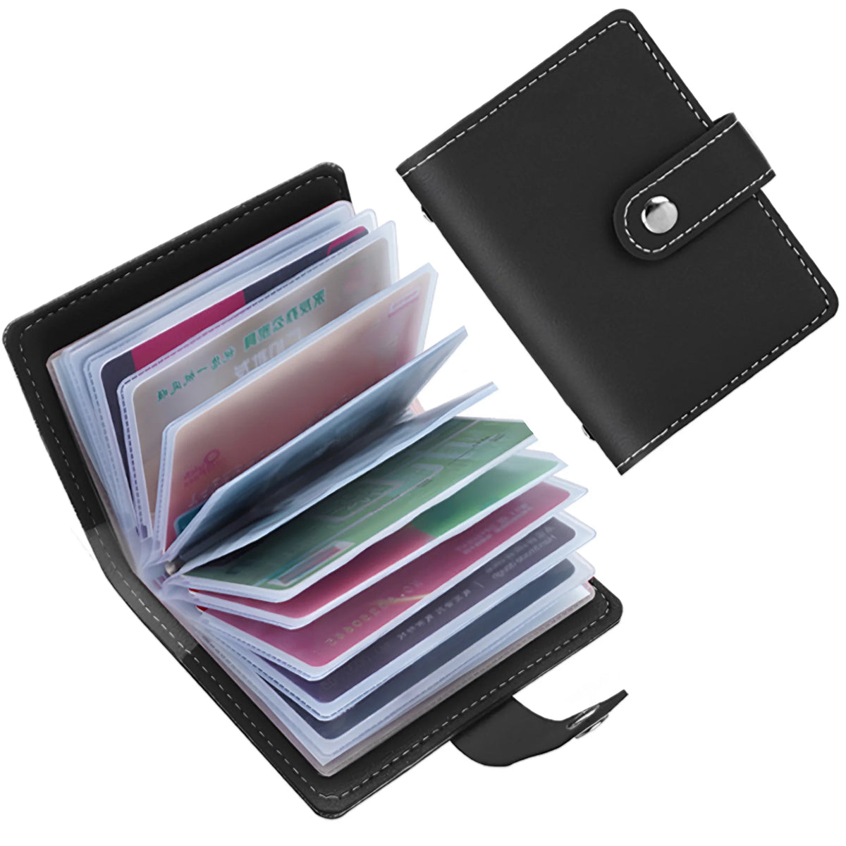 A black leather card holder with a flap, displaying several stacked cards inside.