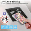 A hand holds a metal card holder with a floral design, demonstrating RFID blocking technology.