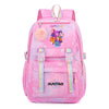 Pink and purple Huntrix laptop backpack featuring a fluffy pom-pom and sparkly accents