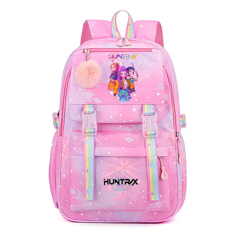 Pink and purple Huntrix laptop backpack featuring a fluffy pom-pom and sparkly accents