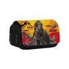 A themed pencil case featuring a Jurassic World dinosaur graphic on the exterior.