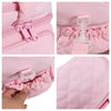 Pink quilted insulated lunch bag showing zippers and fabric texture.