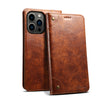 A brown leather magnetic flip case for a smartphone with a card holder.