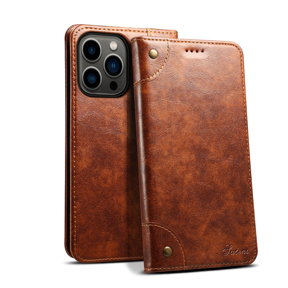 A brown leather magnetic flip case for a smartphone with a card holder.