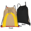 A pair of drawstring bags, one front view in tan and yellow, and one back view in black.