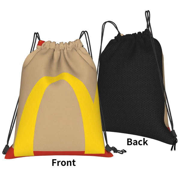 A pair of drawstring bags, one front view in tan and yellow, and one back view in black.