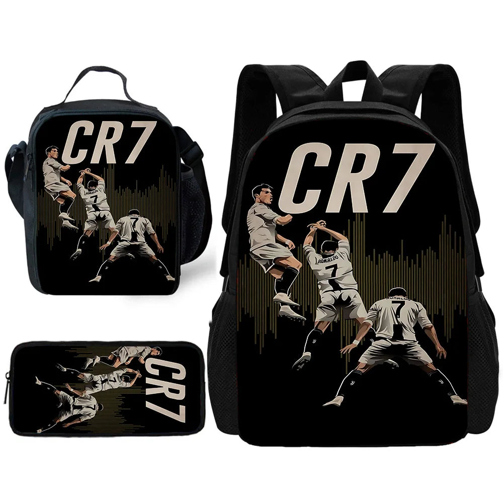 Black backpack and pouch featuring a soccer player silhouette design with the text CR7