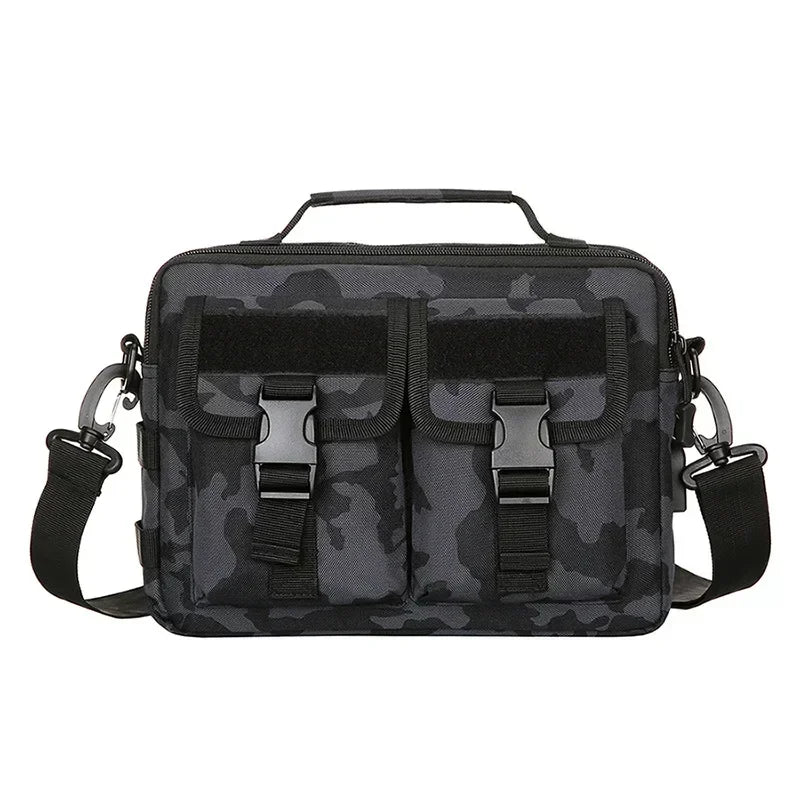 Black tactical multifunction fanny pack with padded compartments and adjustable straps