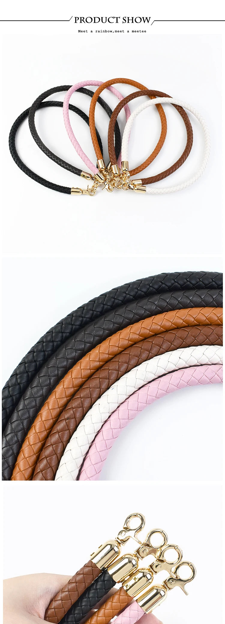 A collection of interchangeable leather bag handles in black, brown, white, and pink with gold metal buckles.