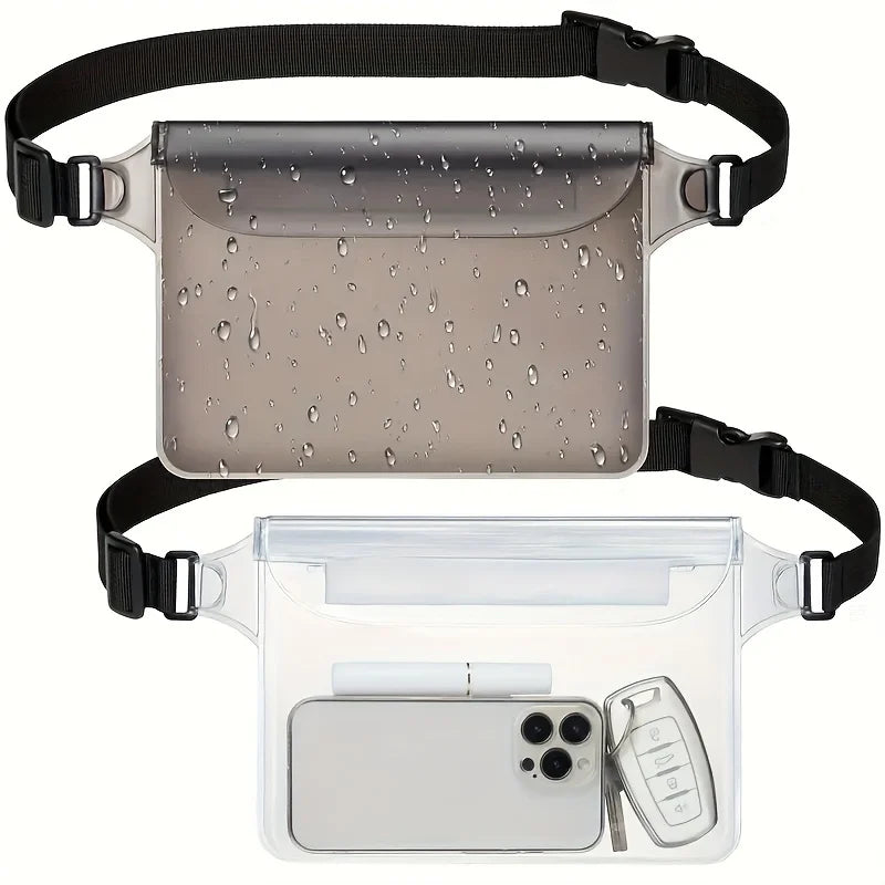 A clear waterproof pouch designed to protect a mobile phone, shown with an attached black strap.