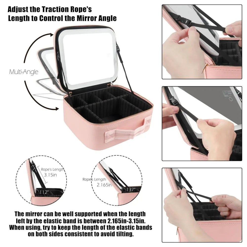 Pink makeup train case showing how to adjust the traction rope length for mirror angle control