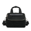 Black quilted mommy bag with a flap and crossbody strap for maternity or hospital use
