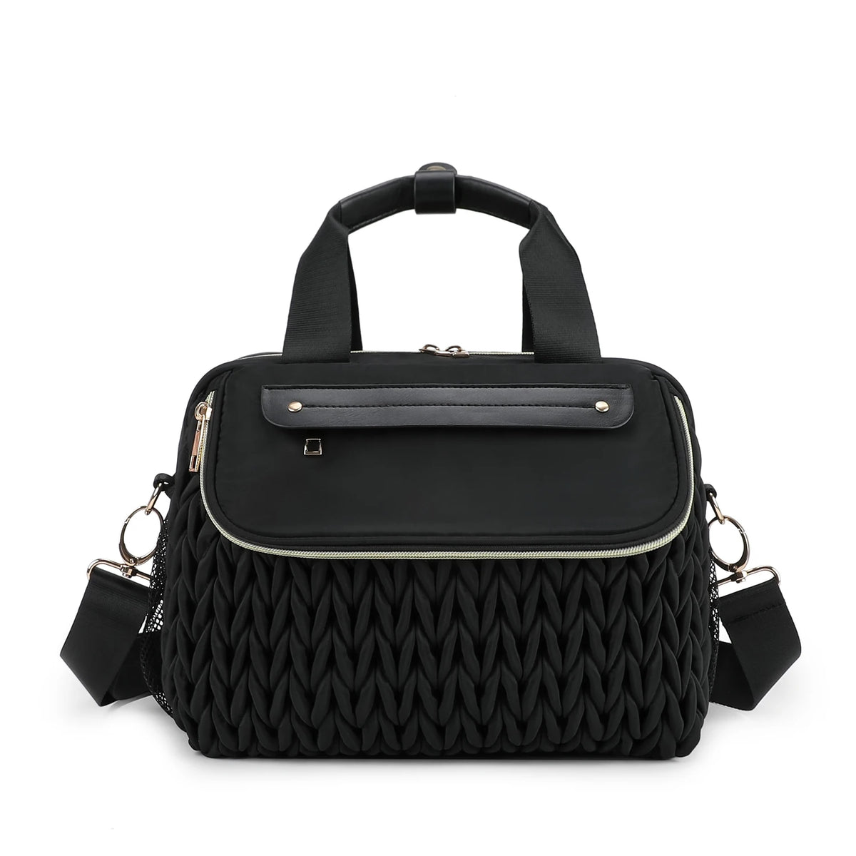 Black quilted mommy bag with a flap and crossbody strap for maternity or hospital use
