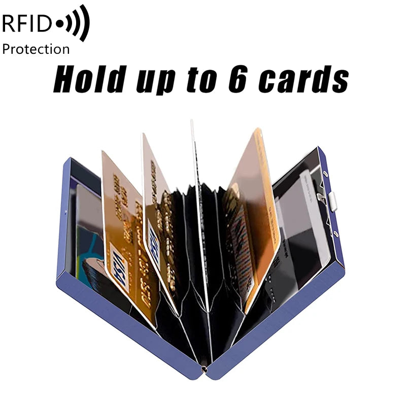A blue stainless steel card holder displaying six cards, demonstrating RFID protection.