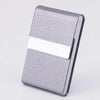Silver PU leather business card holder with a silver-colored textured finish and a white accent bar.