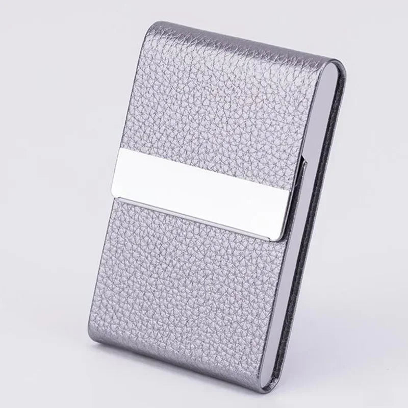 Silver PU leather business card holder with a silver-colored textured finish and a white accent bar.