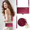 A woman models a pink leather crossbody phone case with a gold clasp against a light background.