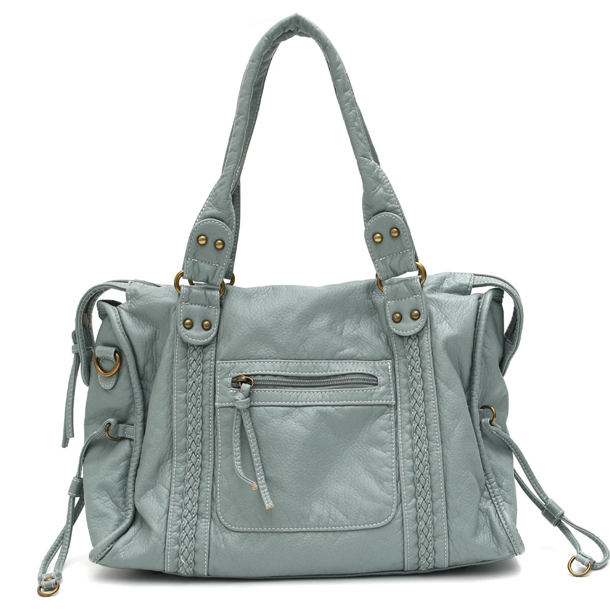 Helles blaues Vintage-PU-Leder-Totebag mit abgenutzten Details und Reißverschlusstaschen.