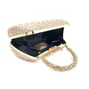 A gold-toned evening clutch bag embellished with clear crystals and featuring a delicate chain strap.