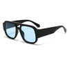 Black oversized square sunglasses with blue mirrored lenses and black arms