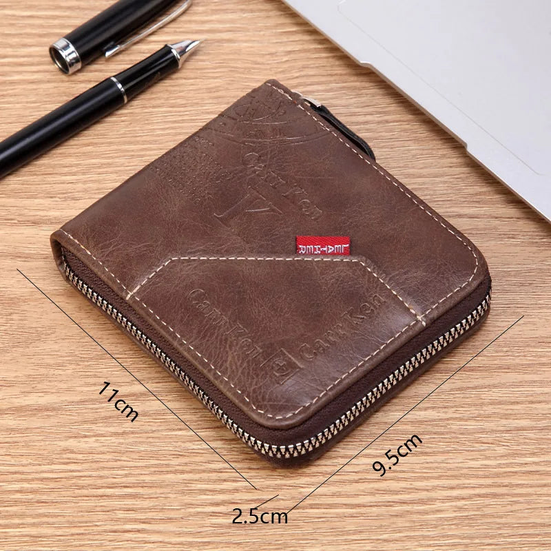 A brown men's PU waxed oil leather bifold wallet resting on a wooden surface next to a pen.