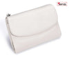 A cream-colored genuine leather mini card holder wallet with a zipper closure.